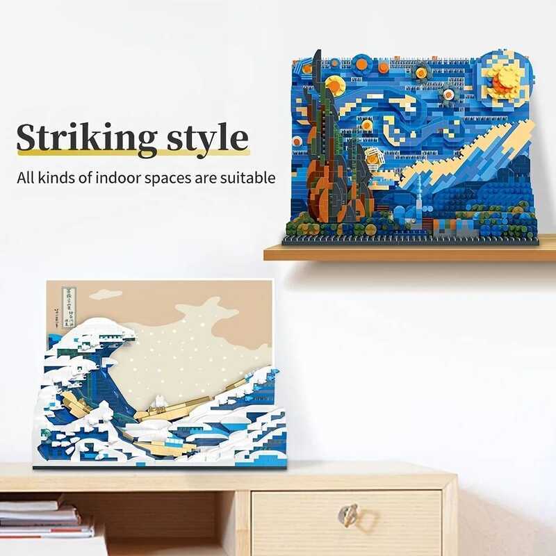 C Pantasy Kanagawa Surfing Puzzle Ukiyo-E Building Block Decoration Creative Assembg Toy World Famo