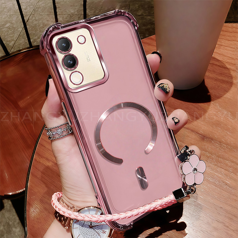 เหมาะสําหรับเคสโทรศัพท์ Vivo Y200 ใหม่แม่เหล็กชาร์จไร้สาย C-ring สี่มุมกันกระแทกเคสโทรศัพท์เชือกเส้น