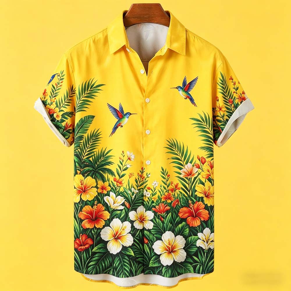 เสื้อเชิ้ตผู้ชาย สไตล์วันหยุดฤดูร้อน พิมพ์ลายกราฟิกภูมิทัศน์และนก ระบายอากาศได้ดี