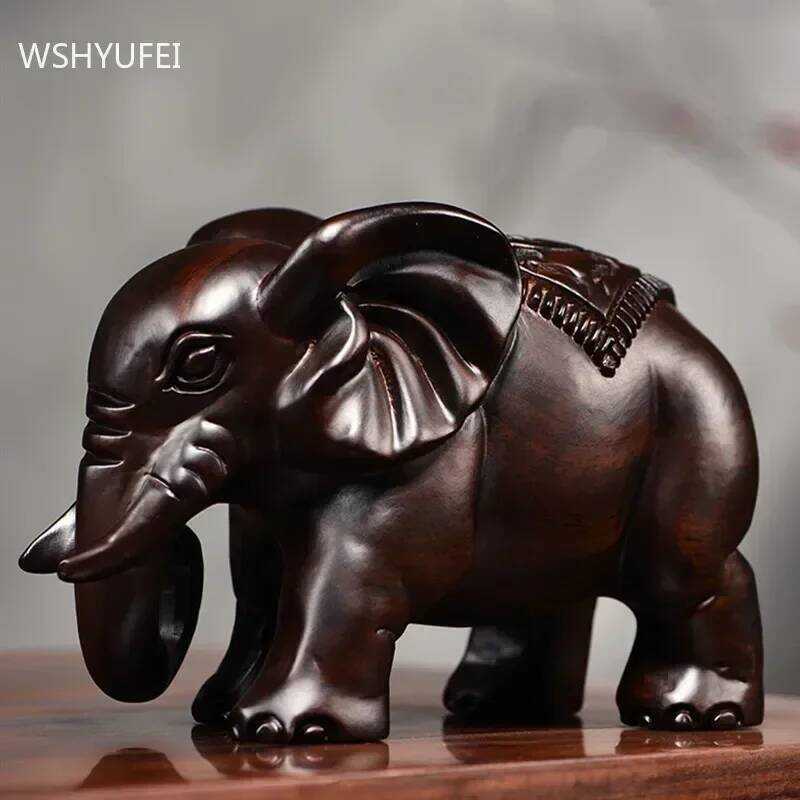 C Ebony Wood Carving Elephant Ornaments Living Room Solid Wood Decors Office Lucky Decoration Craft