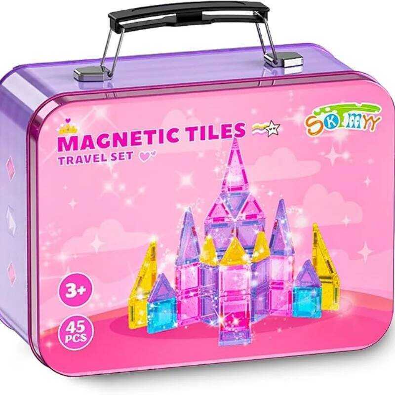 C Mini Magnetic Tiles 45Pcs Portable Travel Magnetic Tiles Set With Iron Case Creative STEM Montess