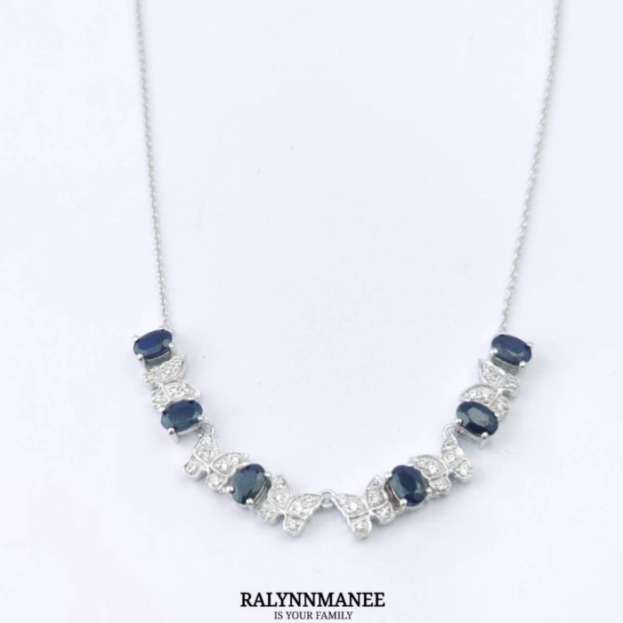 NK006 สร้อยคอพลอยไพลินแท้ ( Natural Blue Sap. ) ตัวเรือนเงินแท้ 925 ชุบทองคำขาว ยาว 18 - 20 นิ้ว