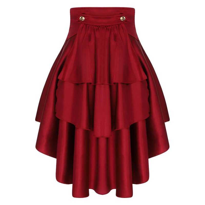 ▥ Wons Gothic Steampunk Satiny Pirate Front Lace-Up Tiered Ruffled Irregular Hem Skirt Waist Be