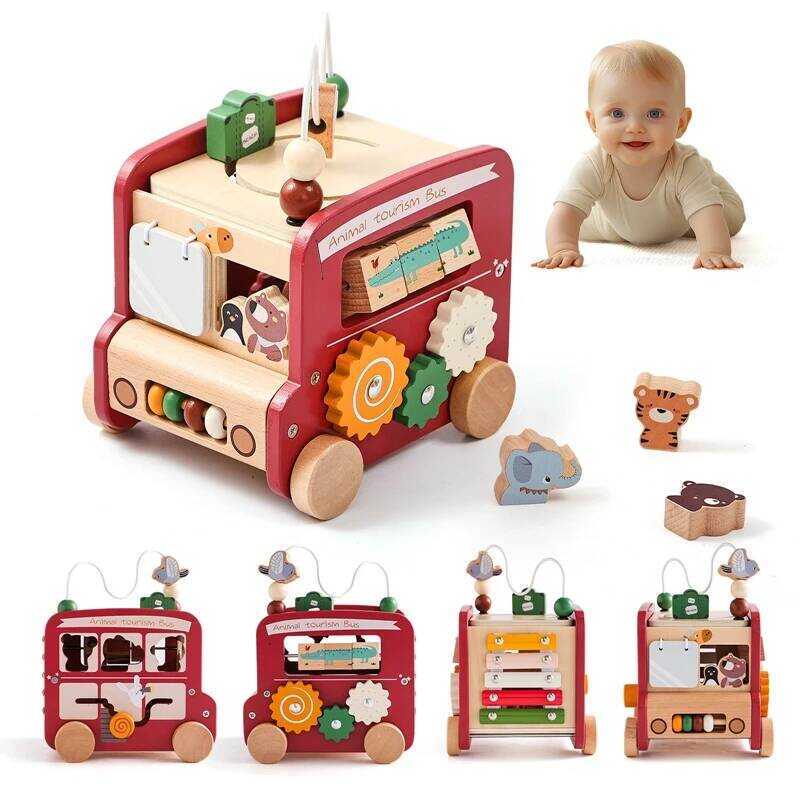 C Montessori Busy Toys Eduional Games Bus 5 In 1 Busy Box Toys Montessori Wooden Children Toys Baby