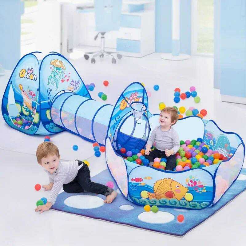 C Portable 3 In 1 Kids Play Tent With Tunnel Ball Pit Basketball Stand Kids Pop Up Indoor Outdoor P