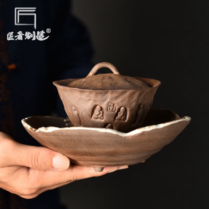 Pure Handmade หินเครื่องปั้นดินเผาถ้ําฝาครอบชามภาพจิตรกรรมฝาผนังเลียนแบบ Retro ขนาดใหญ่ Master ถ้วยสอง Talent ชาม Retro ในครัวเรือน...