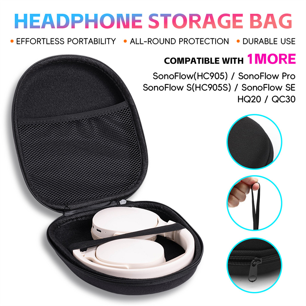 ใช้งานร่วมกับ 1MORE SonoFlow Pro S SE HQ20 QC30 หูฟังสีดํากรณีตาข่ายกระเป๋าสําหรับ Gym Travel