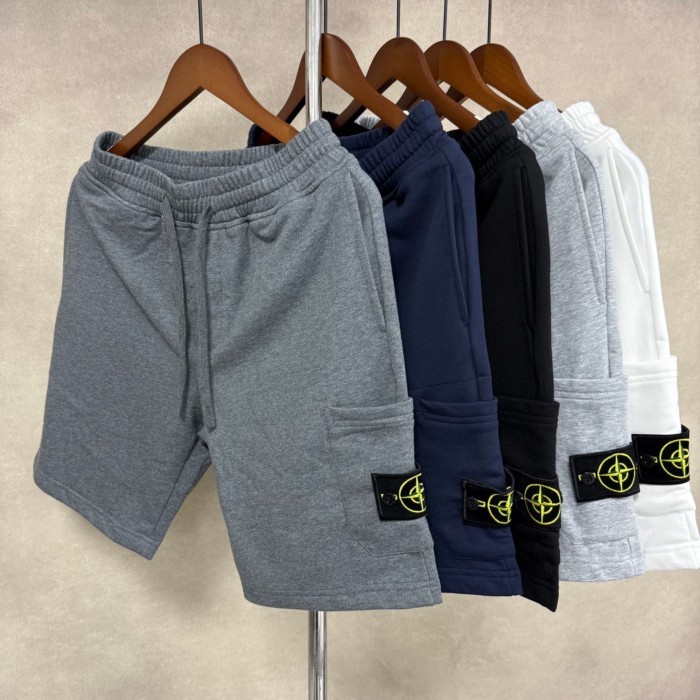STONE ISLAND กางเกงขาสั้นหินหินเกาะหินสําหรับผู้ชายและผู้หญิงกางเกงลําลองสีทึบชุดทํางานกีฬากระเป๋าอเ