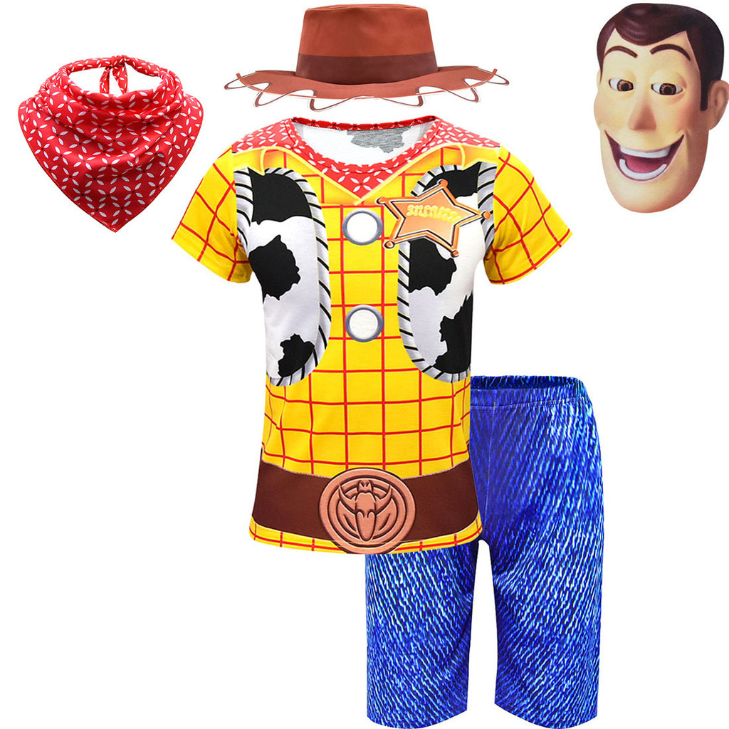 Toy Story Woody ชุดคอสเพลย์พร้อมหมวกเด็กการ์ตูนอะนิเมะบทบาทเล่นเครื่องแต่งกายเหมาะสําหรับ Halloween 
