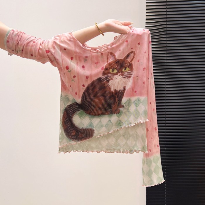 Plus ขนาดผู้หญิง Tie-Dye Double-Layer Gauze ครีมกันแดดไม่สม่ําเสมอเสื้อยืดแขนยาวฤดูร้อนสั้น