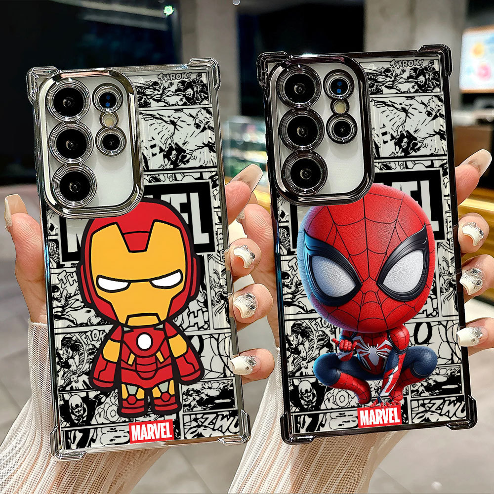 Ironman Spiderman Hulk Venom Marvel น่ารักซิลิโคนนุ่มสําหรับ Samsung S26 Ultra A57 A37 S25 FE S24 Plus S23 S22 S21 S20 ใส TPU เงินชุบ Shell