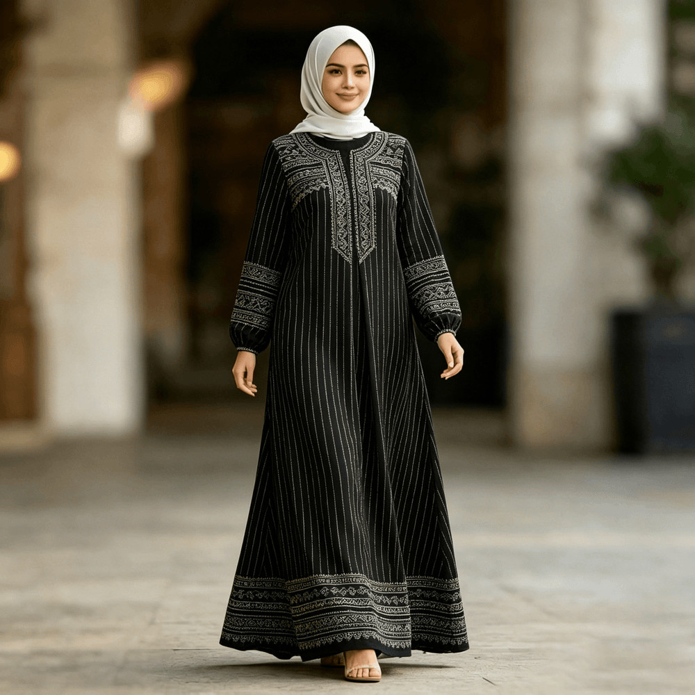 ชุดมุสลิมผู้หญิงแขนยาวเจียมตัว Abaya Kaftan Baju Kurung เสื้อผ้าอิสลามสมัยใหม่ 046a