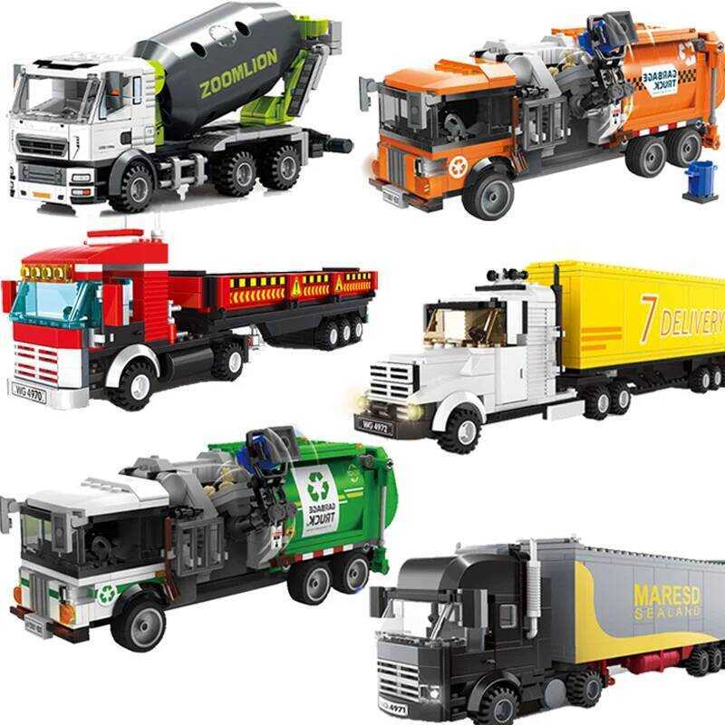 C 2023 City Traffic Toys Goods Transport Big Truck Sanitation Car Cement Crane Building Bloc Model