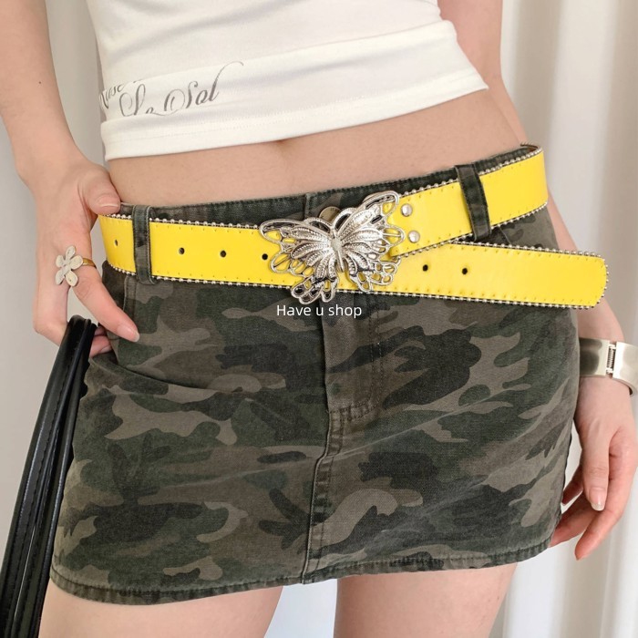 Have u shop Millennium Hot Girl Style y2k เข็มขัดสีเหลืองหญิง American Niche Hollow เข็มขัดผีเสื้ออุ
