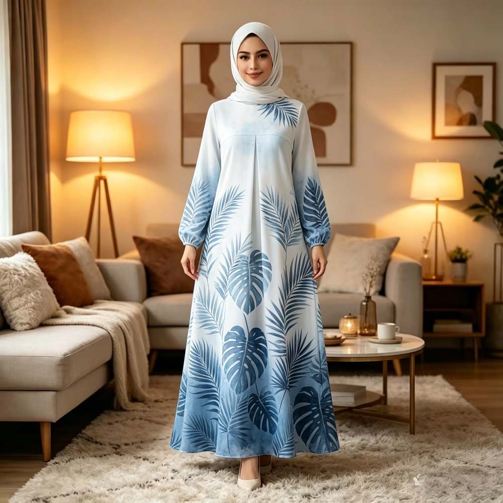 Elegant Ombre ดอกไม้พิมพ์ Abaya,ชุดยาวผู้หญิงเจียมตัวแฟชั่น,รอบคอชุดผู้หญิง Muslimah สําหรับ Eid