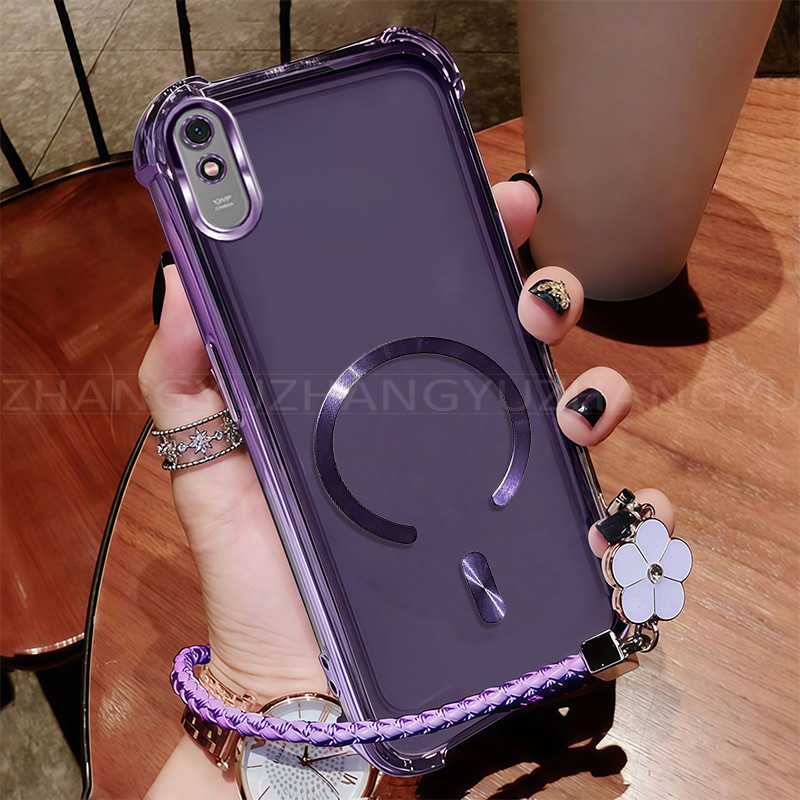เคสสําหรับเคสโทรศัพท์ Redmi 9A ใหม่แม่เหล็กที่แข็งแกร่งชาร์จไร้สาย C-แหวนสี่มุมกันกระแทกปลอกเชือกเส้