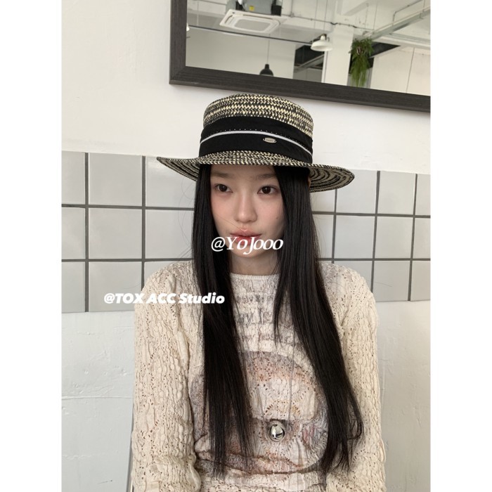 @ YoJooo French Old Money Style Flat Top Straw Hat Seaside Vacation Sun Hat Top Hat ครีมกันแดดลายหมว