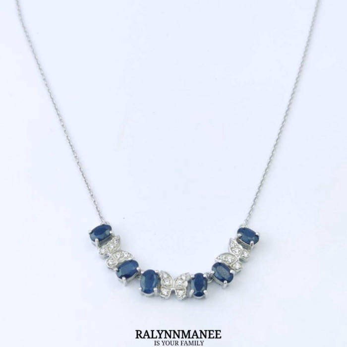 NK005 สร้อยคอพลอยไพลินแท้ ( Natural Blue Sap. ) ตัวเรือนเงินแท้ 925 ชุบทองคำขาว ยาว 18 - 20 นิ้ว