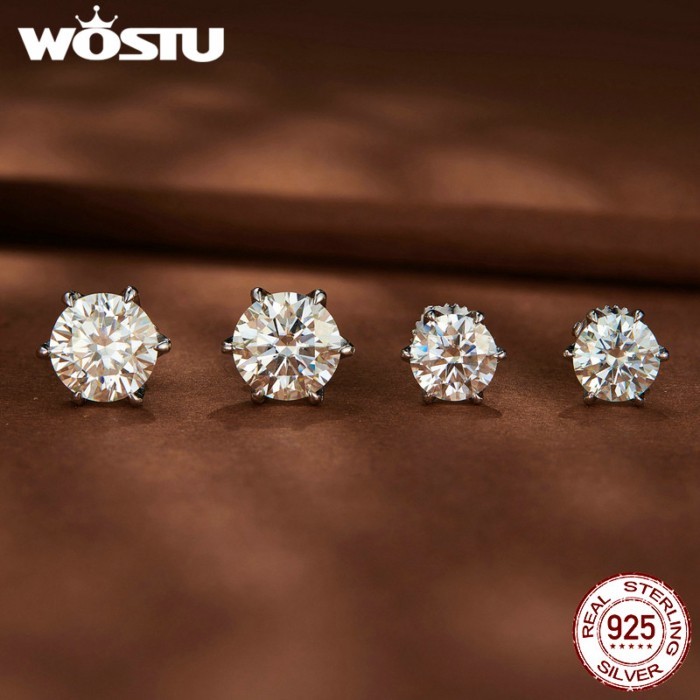 Wosstu 925 Sliver D-Color Moissanite ต่างหู 6-Claw 1CT พร้อมใบรับรองเครื่องประดับของขวัญสําหรับผู้ห