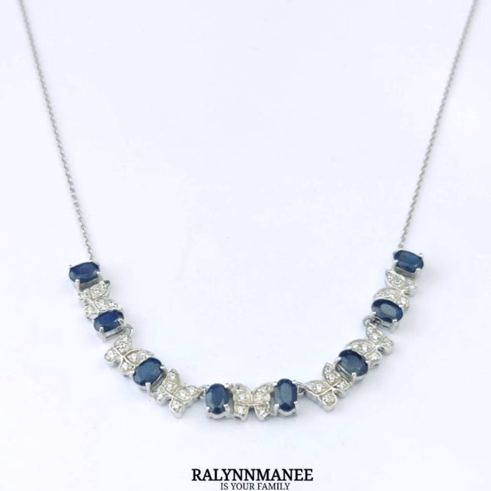 NK003 สร้อยคอพลอยไพลินแท้ ( Natural Blue Sap. ) ตัวเรือนเงินแท้ 925 ชุบทองคำขาว ยาว 18 - 20 นิ้ว
