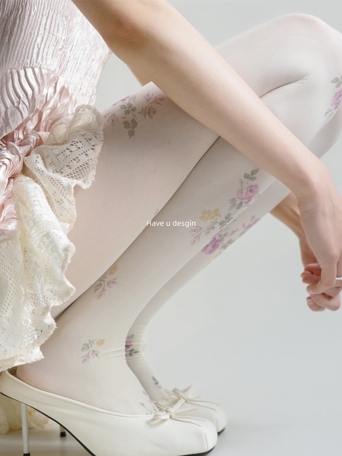 ถุงน่องสีขาวยกกำมะหยี่ สำหรับฤดูใบไม้ผลิ ลายเรโทร