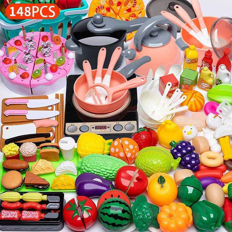 C Cooking Toys Pink Kitchen Toy Set Girl Boy Toys Cut Fruit Vegetable Pizza Pretend Play Simulation
