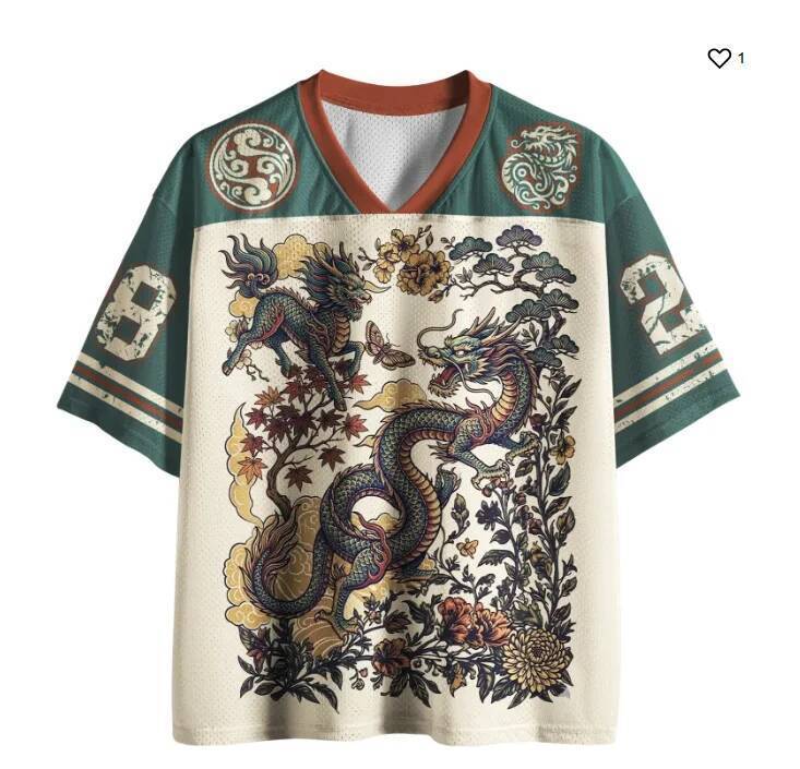 ผู้ใหญ่และเด็ก Qilin รูปแบบมังกรมงคลเสื้อยืด 3D พิมพ์ Jersey สไตล์ V คอหลวมแขนสั้นด้านบน