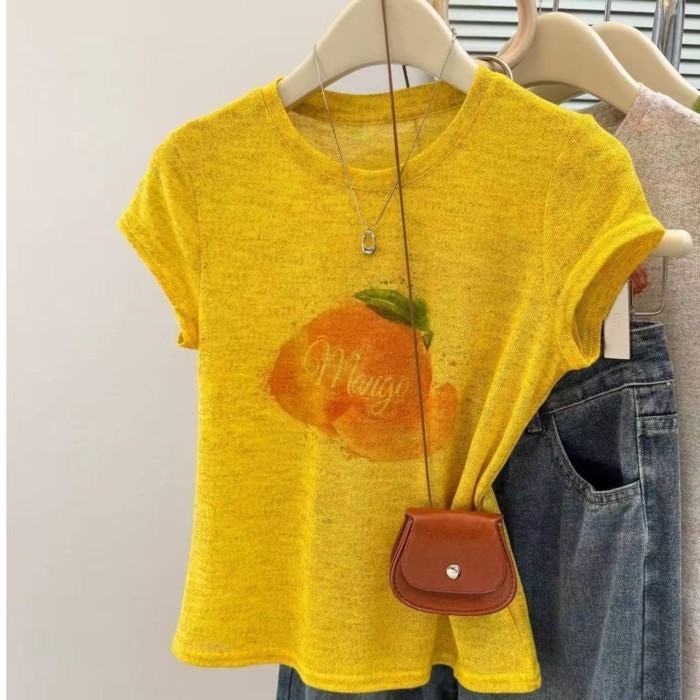 หวานสไตล์พิมพ์รอบคอแขนสั้นเสื้อยืดผู้หญิงฤดูร้อนสไตล์ใหม่ทั้งหมดตรงกับอายุลด บาง