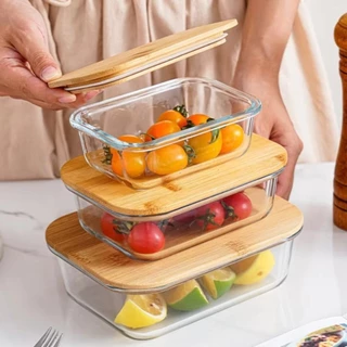 กล่องอาหารกลางวันเตาอบไมโครเวฟ, แก้ว Borosilicate สูงกล่องเก็บของสด, ฝาไม้ไผ่กันรั่วแบบพกพาทน