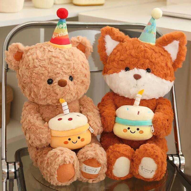 C Cartoon Birthday Cake Bear Fox Plush Toys Kawaii Stuffed Animal Children Sleep Pillow Happy Birth