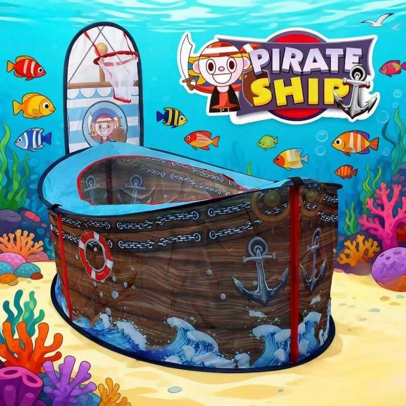C Pirate Ship-Designed Children's Play Tent, Colorful Playhouse, Foldable, Portable Toy Castle Tent