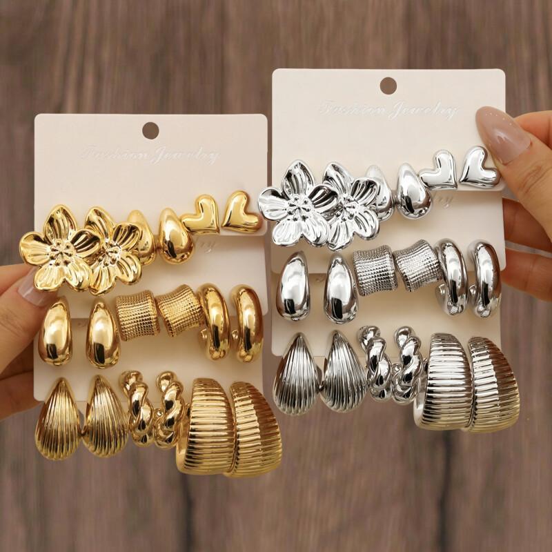3 คู่แฟชั่นดอกไม้ Chunky ต่างหูชุด Vintage Gold/Silver CCB ต่างหู, เครื่องประดับอินเทรนด์สําหรับผู้หญิงสวมใส่ทุกวัน