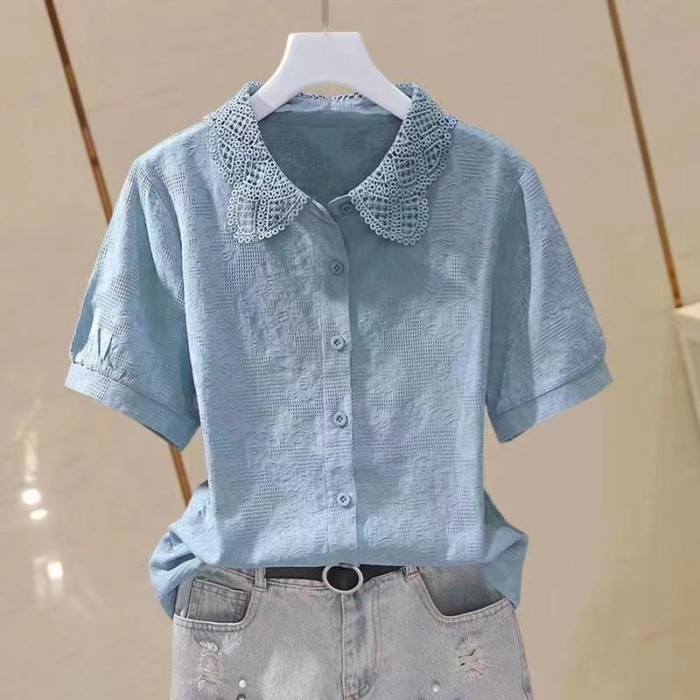 สไตล์ญี่ปุ่นผ้าฝ้ายบริสุทธิ์เสื้อหลวมผู้หญิงฤดูร้อน ผอมลง ดู ผ้าแจ็คการ์ด สูงสุด
