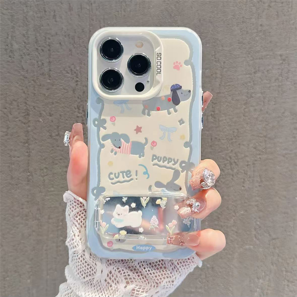 SAMSUNG สําหรับSamsung S26 S25 S24 S23 S22 Ultra S24 FE S25 Plusน่ารักลูกสุนัขสุนัขกระจกขาตั้งเคสโทรศัพท์นุ่มกันกระแทก