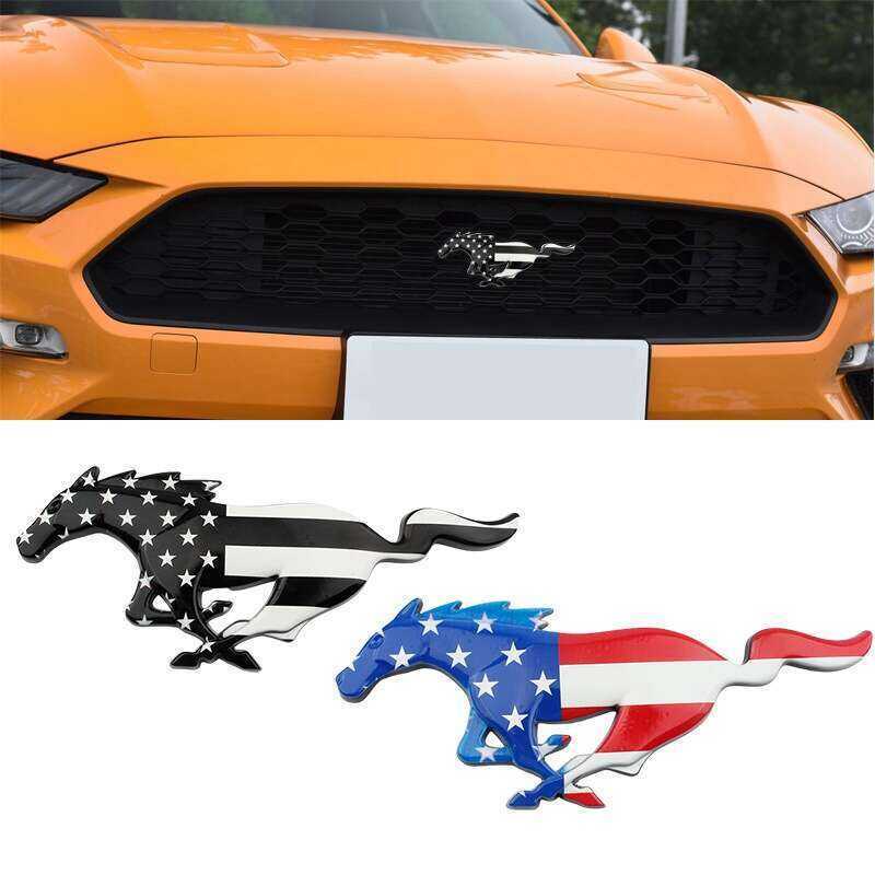 โลโก้กระจังหน้า USA ม้าสําหรับ Ford Mustang 2.3T สติกเกอร์สัญลักษณ์ด้านหลัง ป้ายธงอเมริกัน Metal Aut