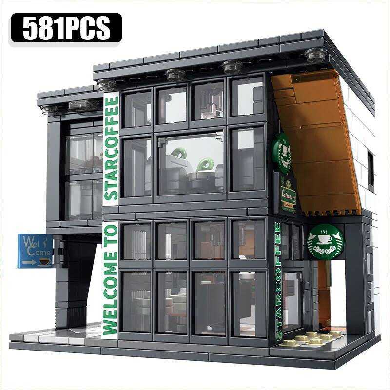 C City 581Pcs Star Coffee House With Lights Building Bloc Street View Architecture Cafe Shop MOC Br