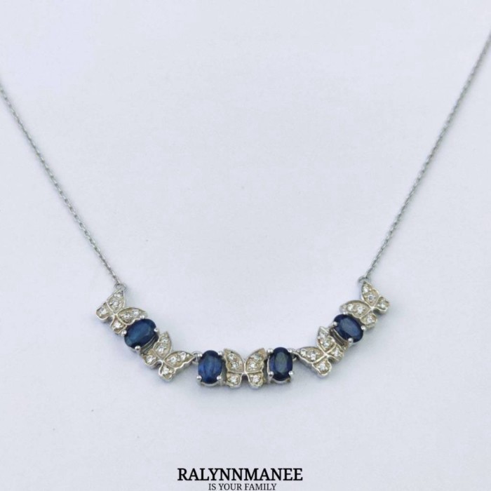 NK002 สร้อยคอพลอยไพลินแท้ ( Natural Blue Sap. ) ตัวเรือนเงินแท้ 925 ชุบทองคำขาว เลือกขนาดความยาวที่