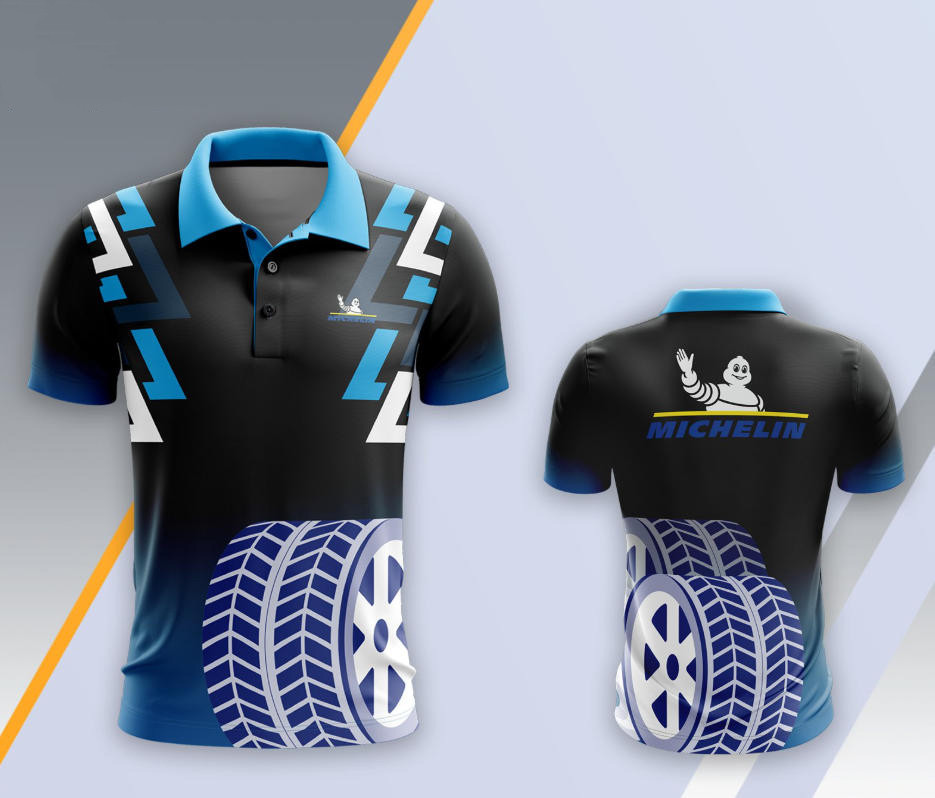 (เสื้อโปโลสปอร์ต) MICHELIN สบายๆ | มีครบทุกขนาดผู้ใหญ่และเด็ก | ปรับแต่งหมายเลขฟรี | ลายยางรถยนต์สีดำ-น้ำเงิน 2 ด้าน