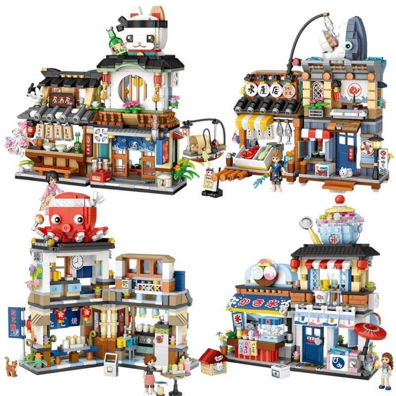 C LOZ Japanese Mini Block Street View Folding Food Street Octopus Barbecue Ice Shop Assembly Buildi