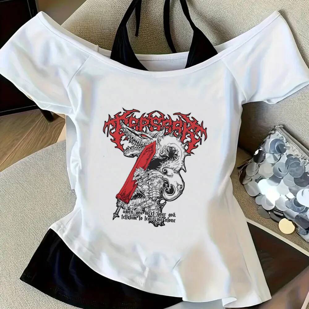 Berserk crop top สุภาพสตรี emo ตลกเกาหลีแฟชั่นอะนิเมะ Grunge tshirt ตลก Grunge goth กราฟิก
