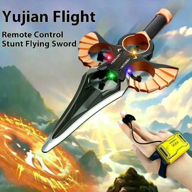 C Gift Set Boys RC Stunt Plane, 4-Axis Flying Sword With Hand Wave/Controller Modes, Flashing Light