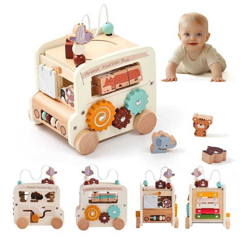 C Montessori Wooden Children Toys Busy Toys Eduional Games Bus 5 In 1 Busy Box Toys Montessori Baby