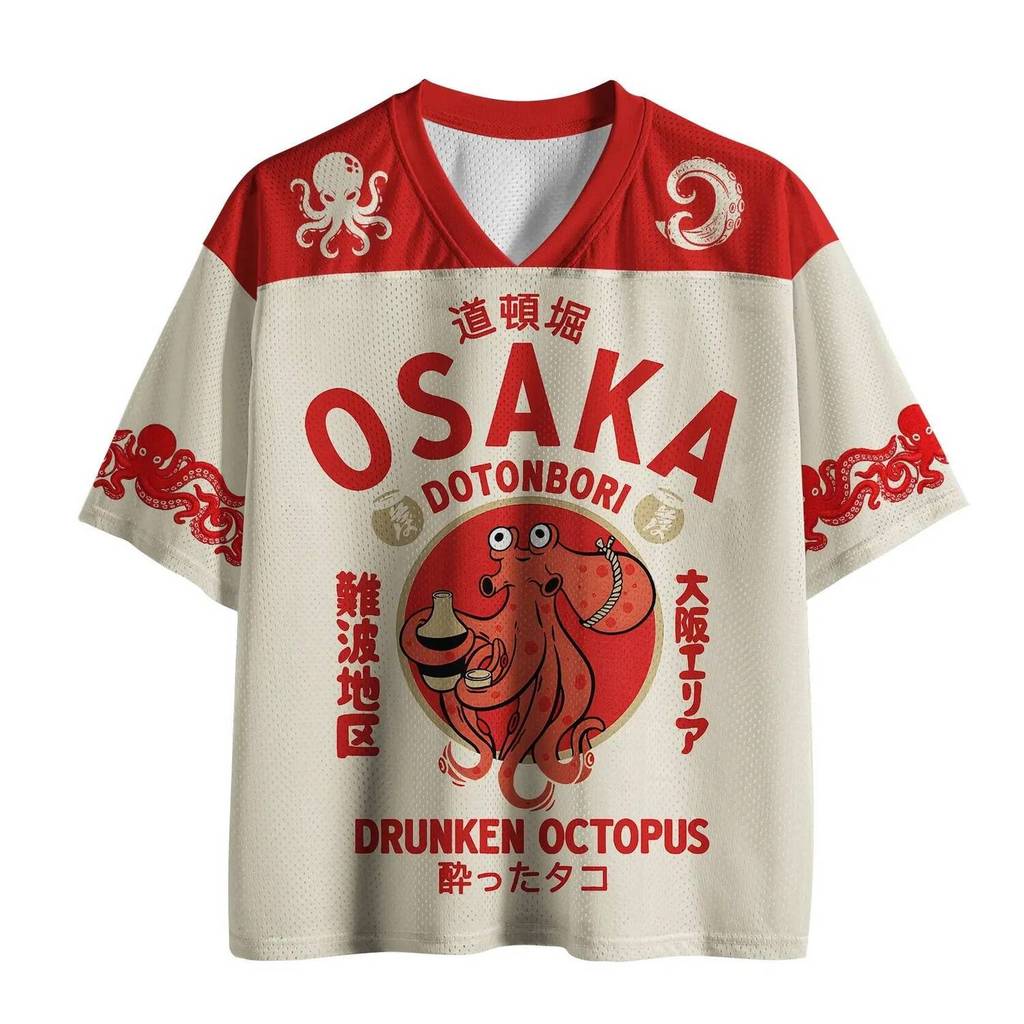 Unisex 3D เด็กโอซาก้า Dotonbori Drunken Octopus เสื้อยืด Retro V คอสั้นแขนสั้น Harajuku Street สวมใส่เสื้อยืดขนาดใหญ่