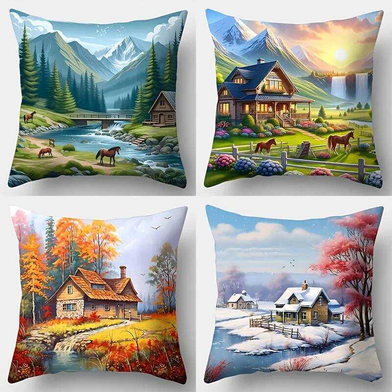 C 4Pcs Seasonal Scenery Pillow Covers, Sofa Cushion Covers, Zipper Closure, Woven Style Lumbar Pill