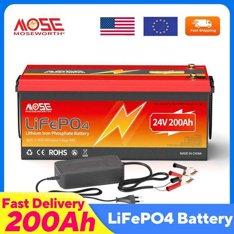 24V แบตเตอรี่ลิเธียม 200AH พร้อม BMS 200A ในตัว 5120W แบตเตอรี่ LiFePO4 แบบชาร์จซ้ำได้สำหรับมอเตอร์เ