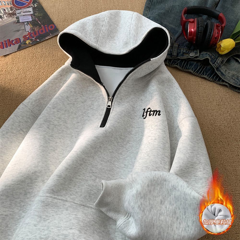 ปัก Half-zip เสื้อกันหนาวผู้ชาย Hooded ฤดูหนาวกํามะหยี่หนาเสื้อผ้าฤดูใบไม้ร่วงและฤดูหนาวออกแบบ Heavy