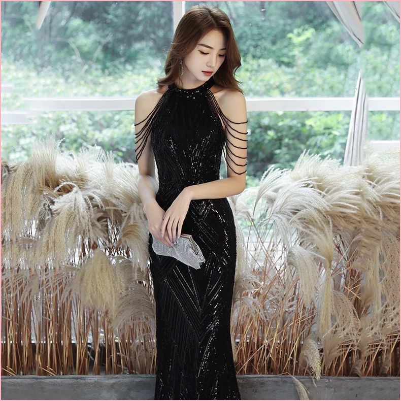 ไหล่พู่ชุดราตรีสำหรับผู้หญิง 2025 ใหม่อารมณ์ชุด high-end socialite เซ็กซี่ Fishtail หรูหราโฮสต์สีดำ