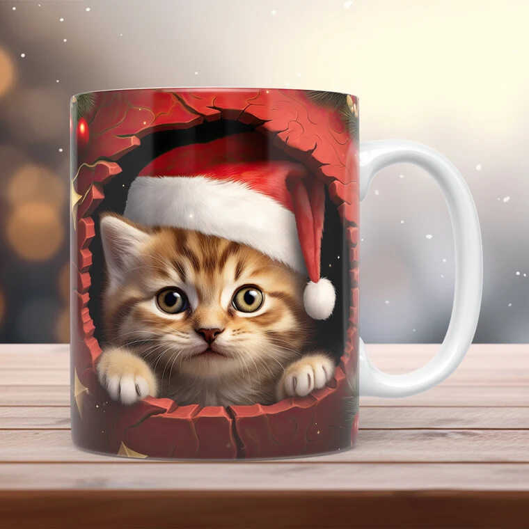 3D猫咪KittenCat水杯Hole Red Red Red Red Red Coffee ถ้วย Merry Christmas