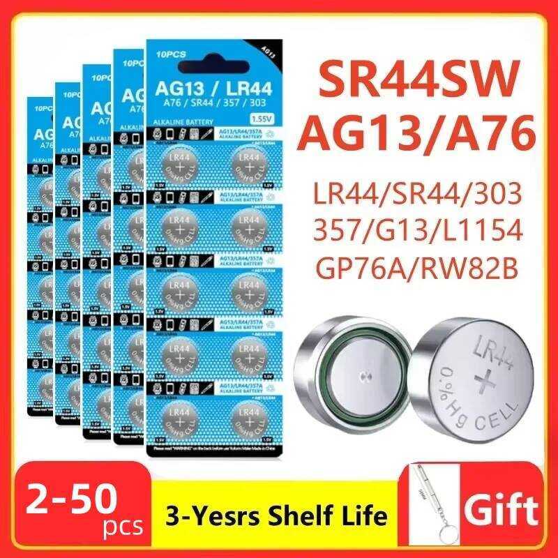 ชิ้น 2-50 1.55V AG13 LR44 L1154 RW82 SR1154 SP76 แบตเตอรี่ปุ่ม SR44 A76 LR1154 GP7 เซลล์เหรียญ นาฬิก