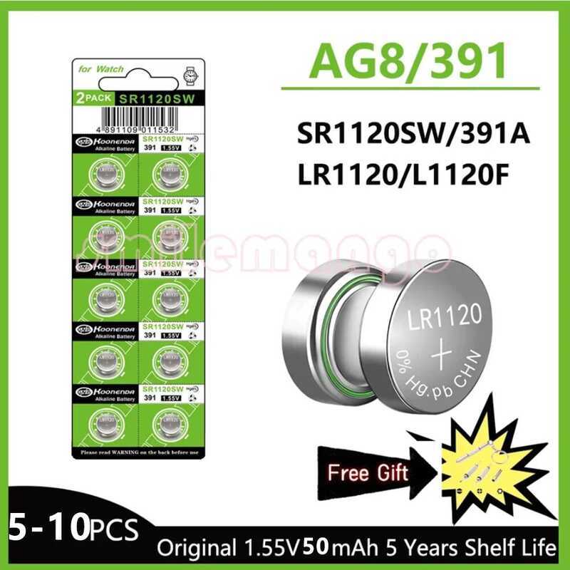 ชิ้น 5-10 1.55V AG8 50mAh แบตเตอรี่ปุ่ม LR1120 391 SR1120 R1120W CX191 G8A 191 391A SR1120SW เซลล์เห